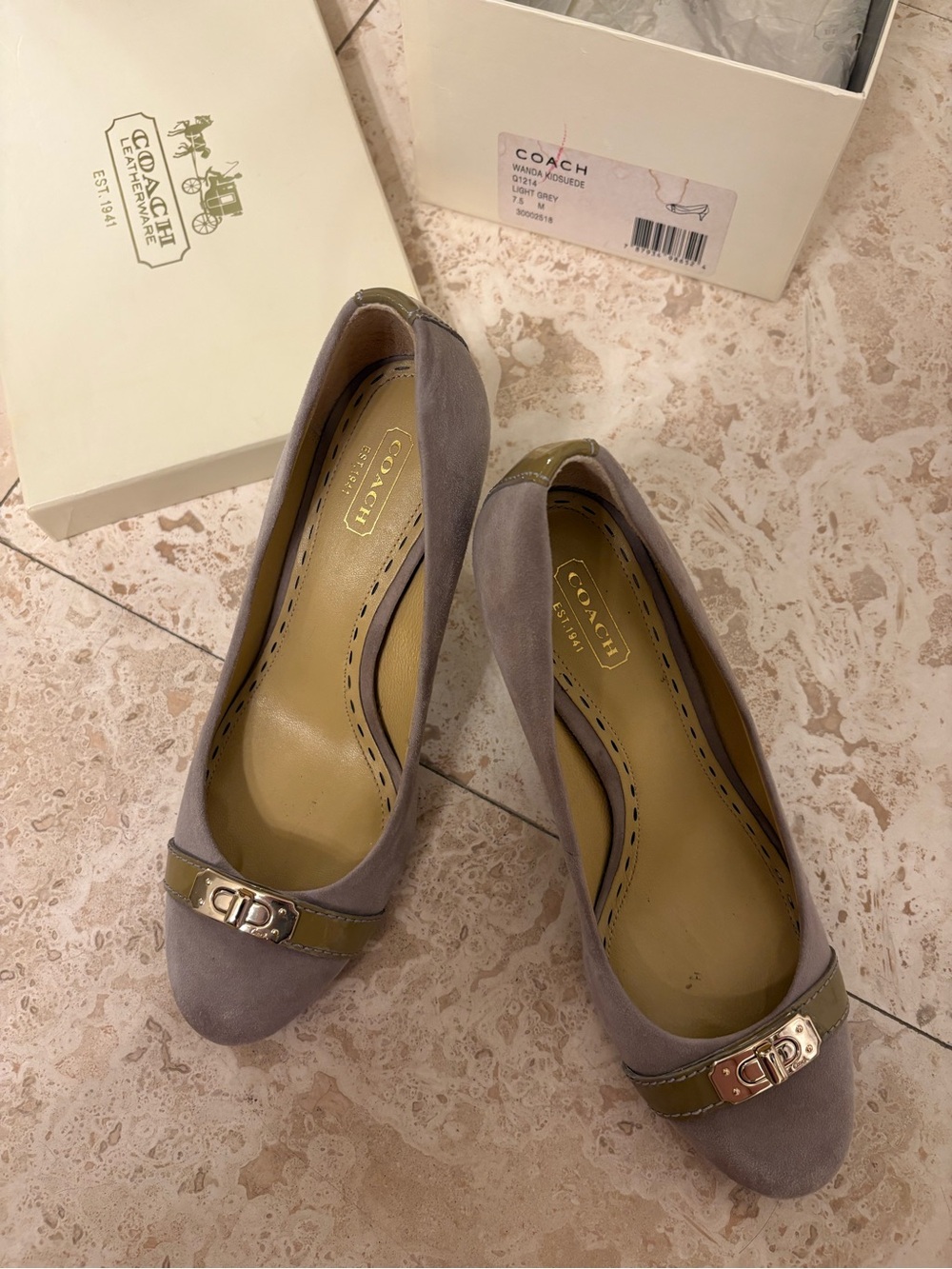 Coach Light Grey Suede Wanda Pumps Heels with Gold Turnlock Detail - Size 7.5